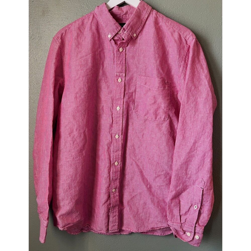 Men’s Banana Republic Red Striped Button Down Linen Shirt Large 16 - 16-1/2